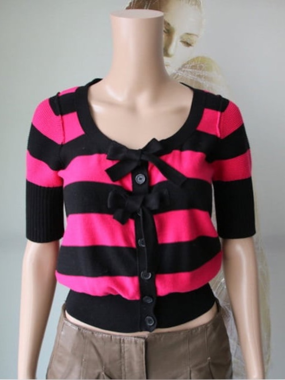 SONIA RYKIEL for H&M Striped Black & Pink Tie-Front Short Sleeve Sweater Cardig